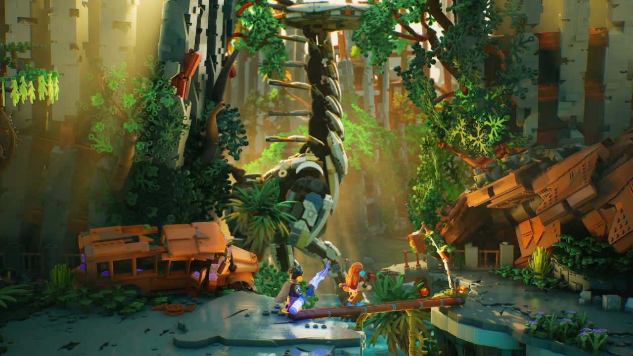 LEGO Horizon Adventures trofei: Aloy ed Erend sotto un collo lungo nella giungla