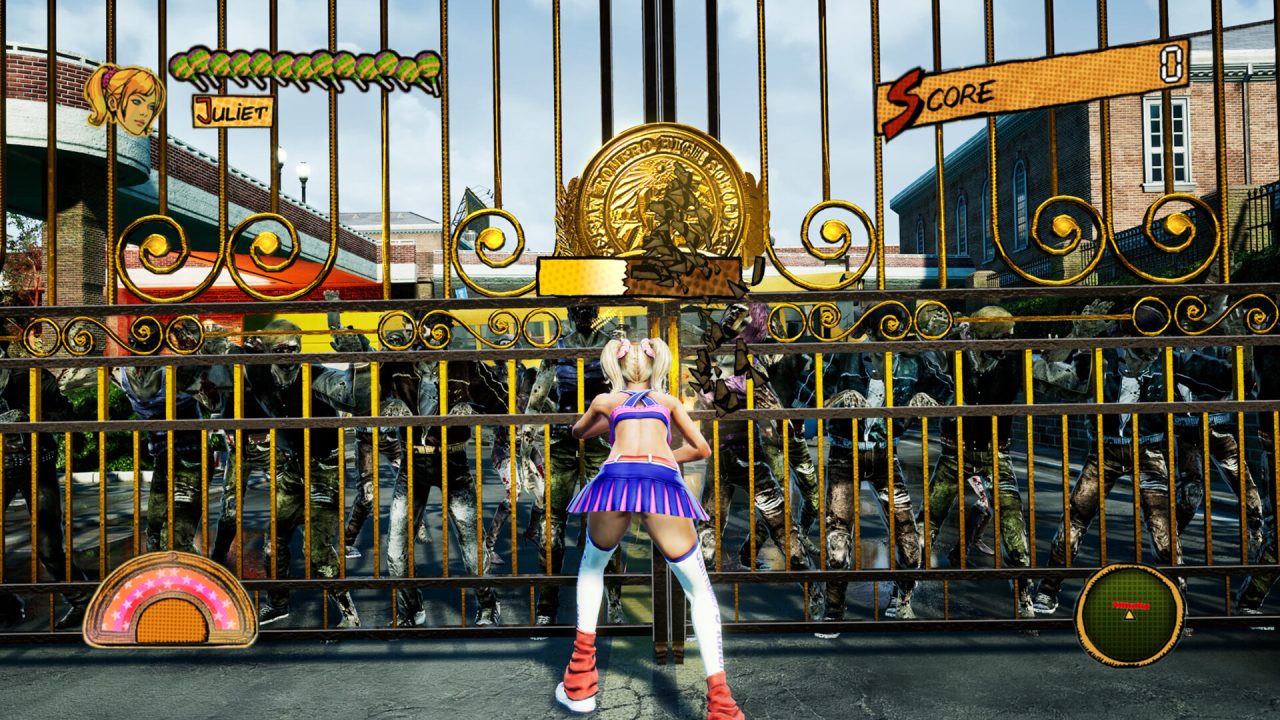 Lollipop Chainsaw RePOP trofei: Juliet davanti al cancello del liceo