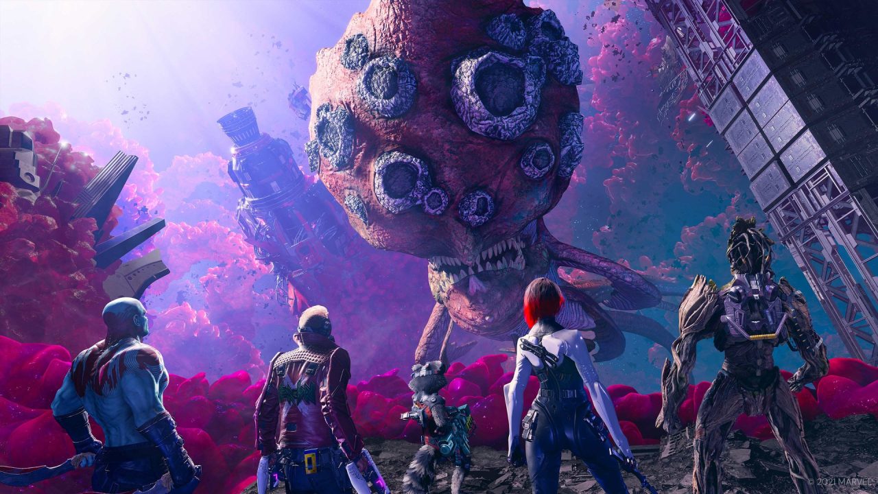 Platino di Marvel's Guardians of the Galaxy: la squadra davanti a una creatura gigante in un paesaggio viola