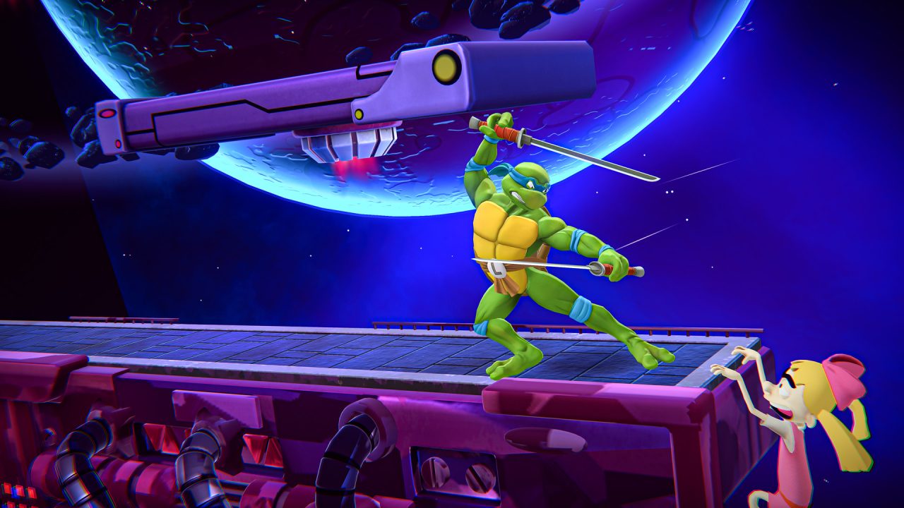 Nickelodeon All-Star Brawl trofei: una tartaruga ninja salta su una piattaforma sotto un pianeta