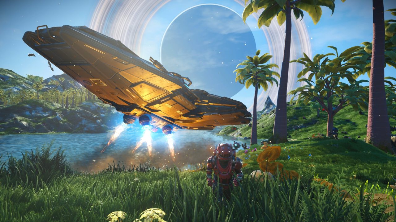 Platino di No Man's Sky: un'astronave atterra su un pianeta tropicale con anelli nel cielo