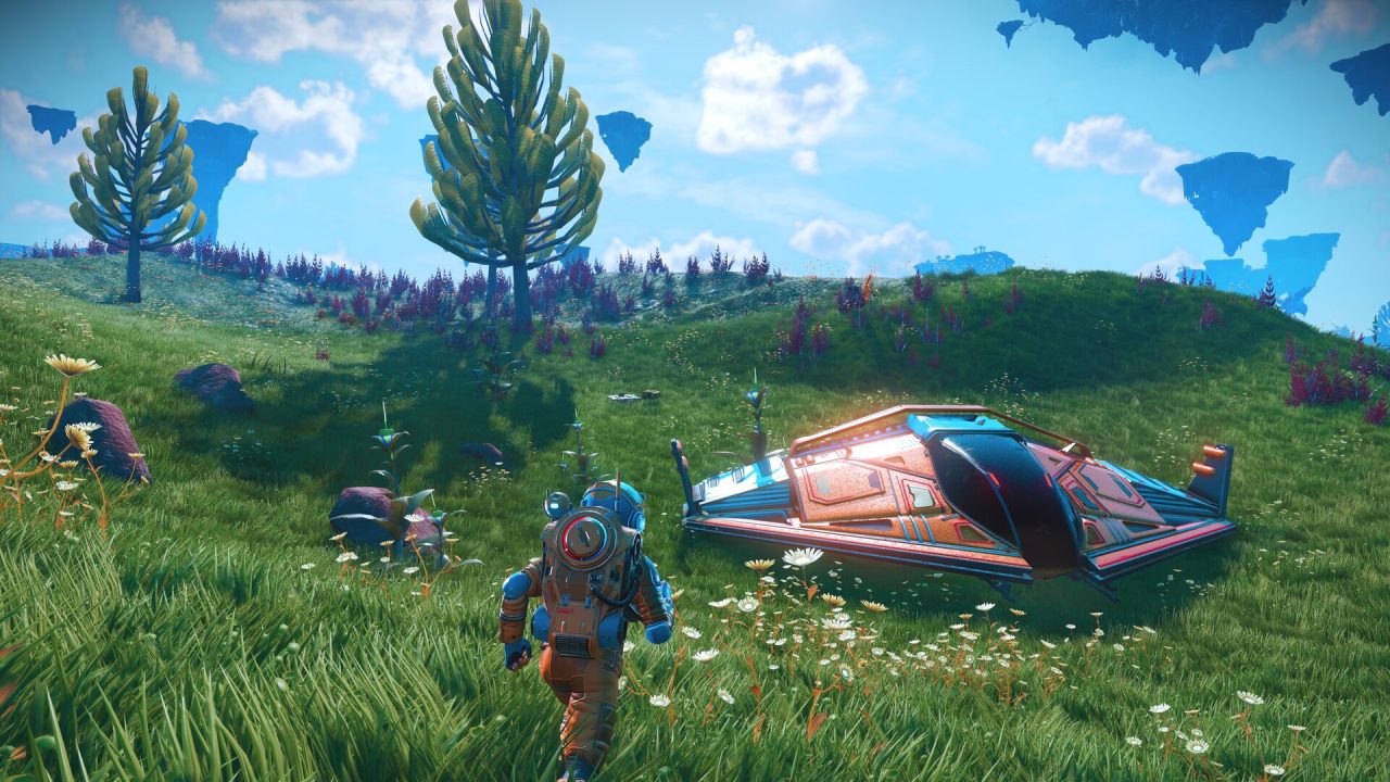No Man's Sky trofei: un esploratore e la sua astronave su un pianeta verde con isole fluttuanti