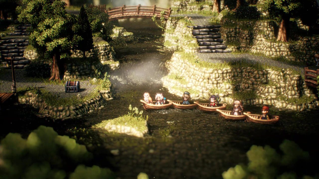 Il gruppo di eroi in barca in Octopath Traveler II, arrivato su Switch 2