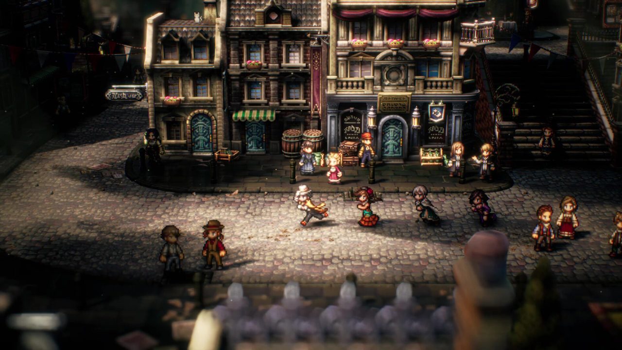 Piazza cittadina di Octopath Traveler II, che su Switch 2 punta ai 60 fps