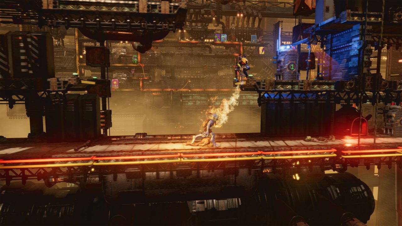 Platino di Oddworld Soulstorm: Abe corre su una piattaforma illuminata di rosso