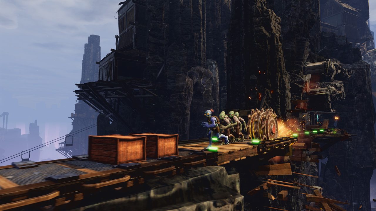 Oddworld Soulstorm trofei: Abe e un gruppo di Mudokon su un ponte tra le rocce