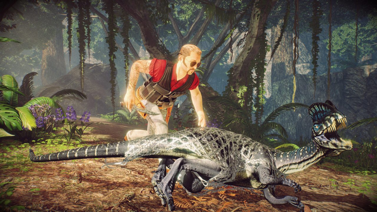 Platino di Primal Carnage: Extinction: un esploratore a terra davanti a un Dilofosauro nella giungla