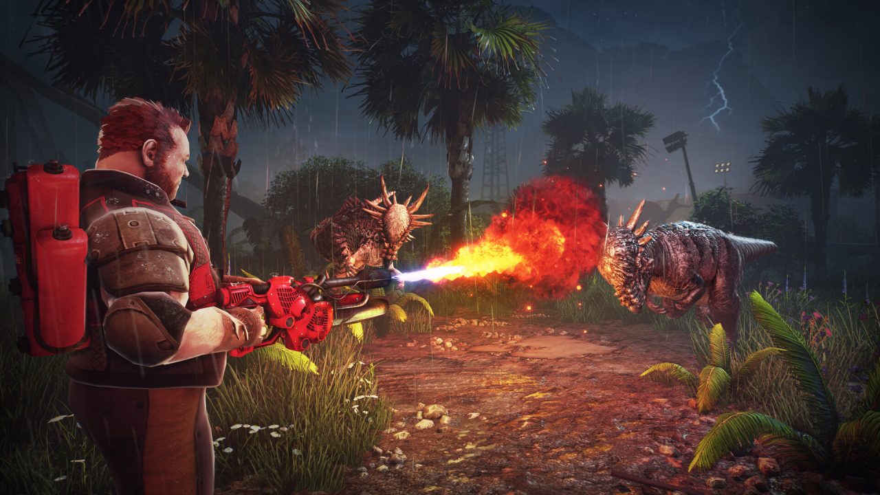 Primal Carnage: Extinction trofei: un umano con il lanciafiamme affronta un dinosauro sotto la pioggia