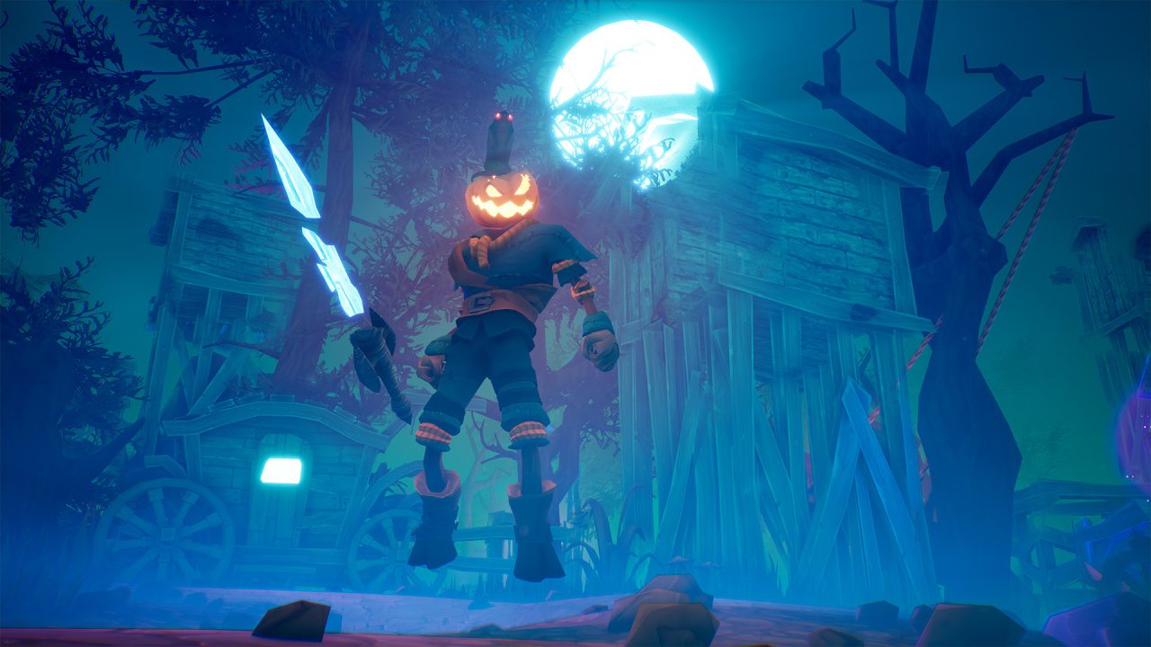 Platino di Pumpkin Jack: Jack con la lancia davanti a una baracca sotto la luna piena