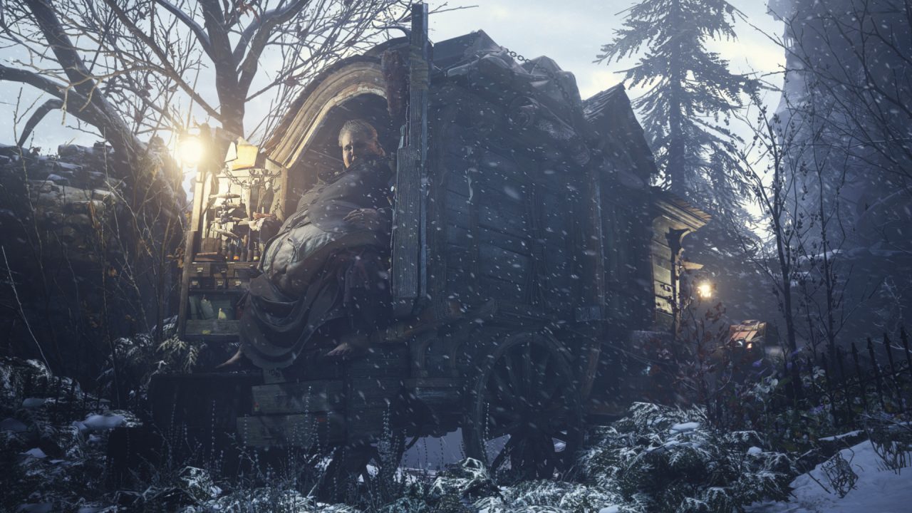 Platino di Resident Evil Village: la roulotte del Duca nel bosco innevato
