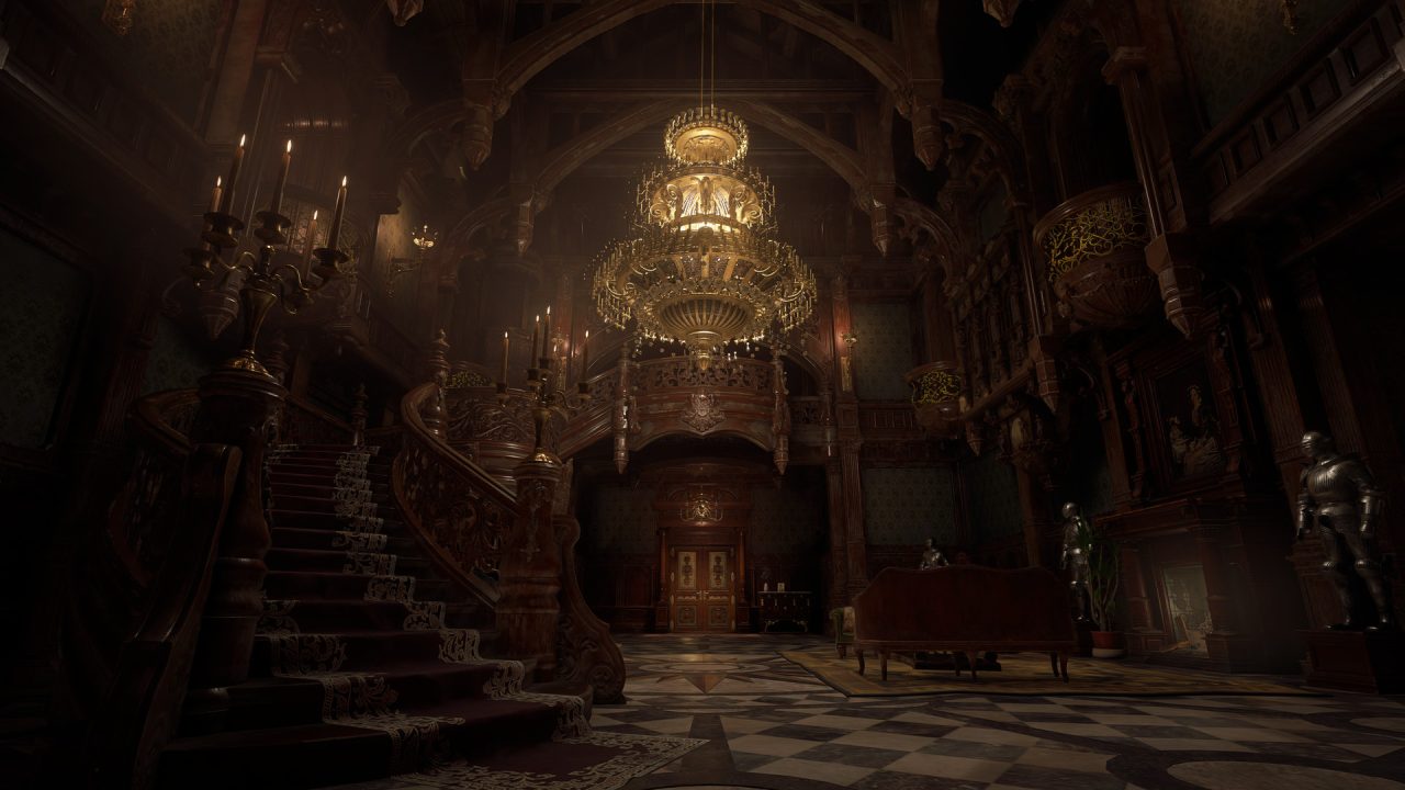 Resident Evil Village trofei: la grande sala del castello con lo scalone e un lampadario