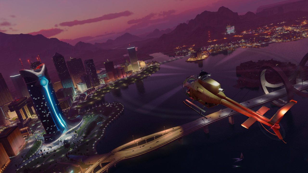 Saints Row 2022 trofei: elicottero sopra la città di Santo Ileso di notte