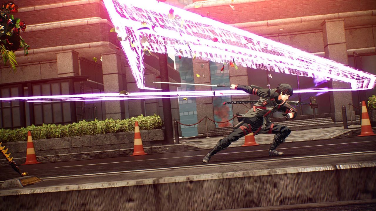 Scarlet Nexus trofei: Yuito colpisce con un'enorme lama psichica davanti a un edificio