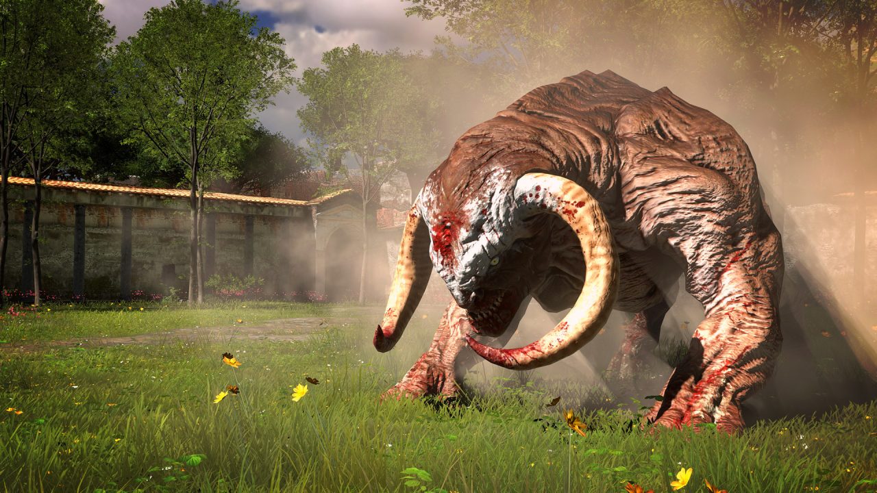 Platino di Serious Sam 4: un toro mutante carica nel giardino