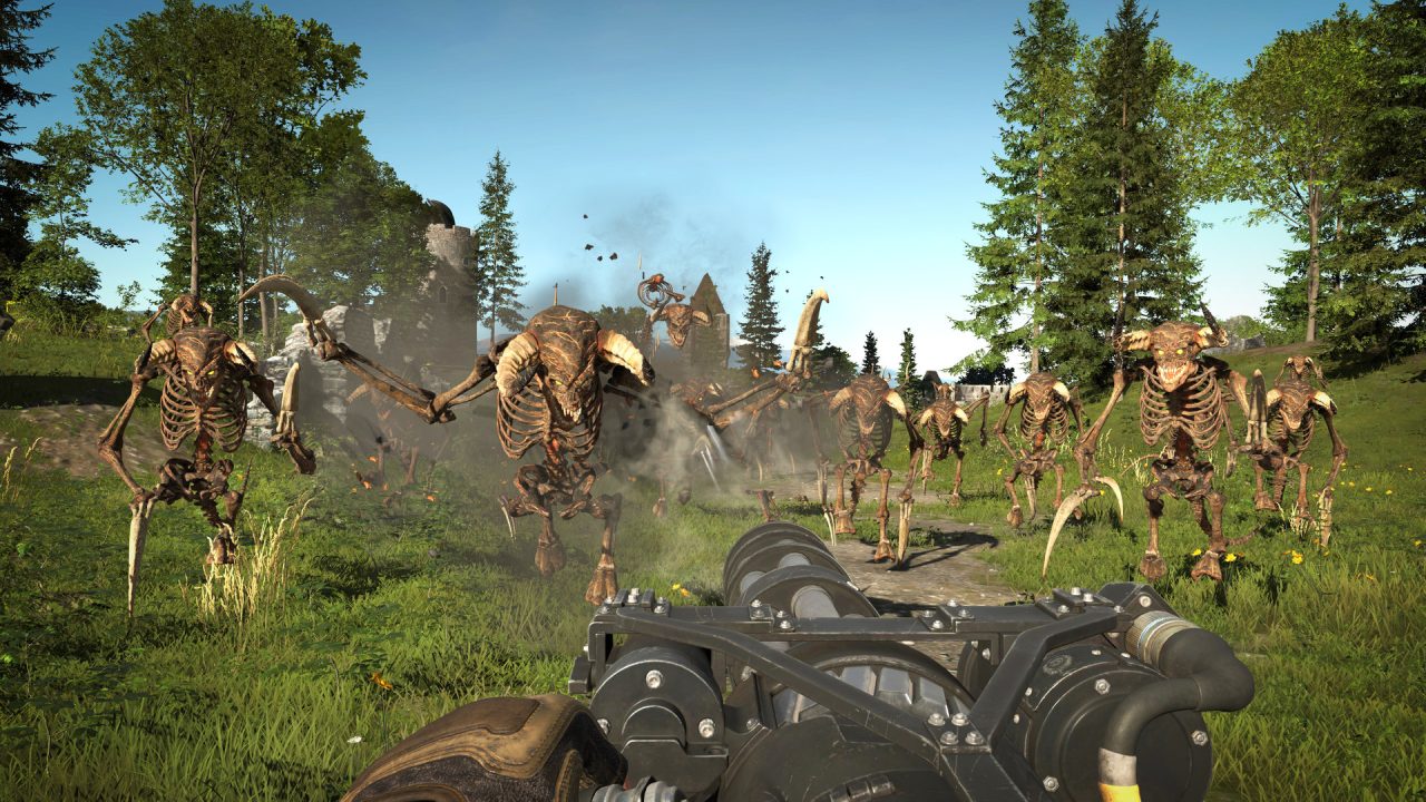 Serious Sam 4 trofei: scheletri di Kleer corrono verso il giocatore in un prato