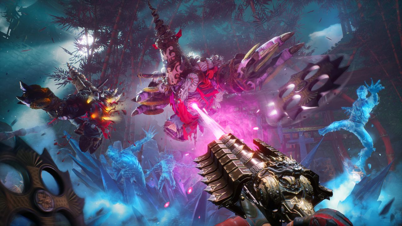Shadow Warrior 3 trofei: un'arma speciale spara contro creature mostruose in un paesaggio colorato