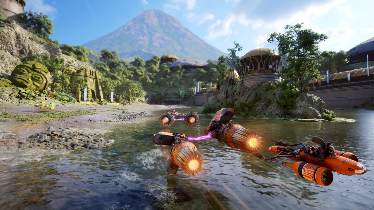 Veicoli in gara lungo un fiume nella giungla in Star Wars: Galactic Racer