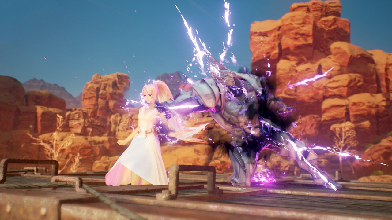 Platino di Tales of Arise: Shionne affronta un nemico tra rocce rosse in un'esplosione di magie viola