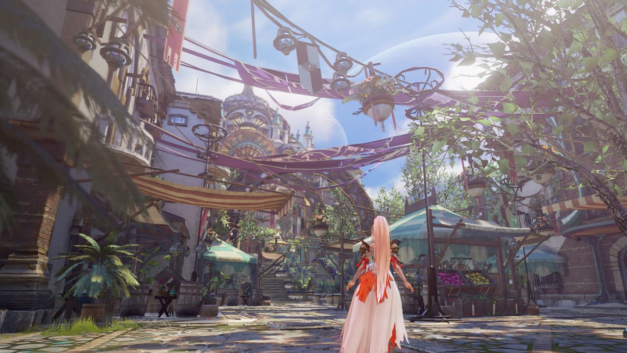 Tales of Arise trofei: una protagonista in abito bianco in un vivace mercato cittadino