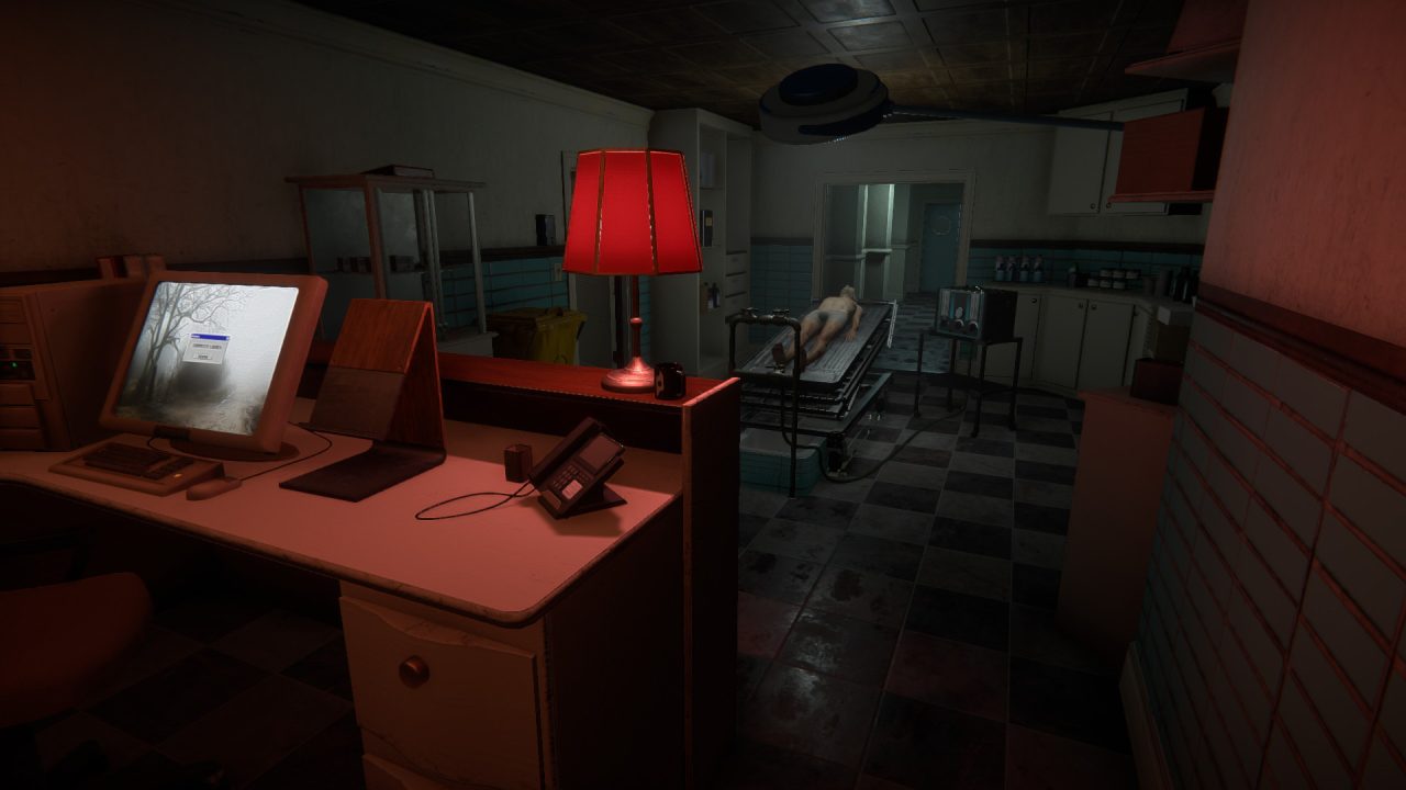 The Mortuary Assistant trofei: la sala di imbalsamazione illuminata di rosso