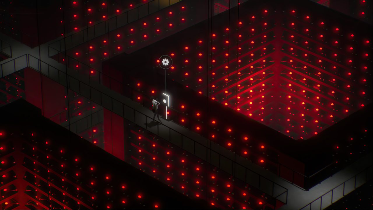 Platino di The Plane Effect: una sala isometrica illuminata da luci rosse