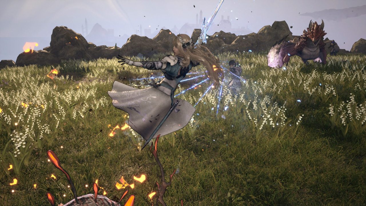 Platino di Valkyrie Elysium: combattimento in un prato fiorito