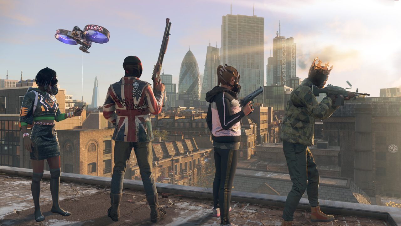 Platino di Watch Dogs Legion: quattro attivisti armati sul tetto con Londra sullo sfondo