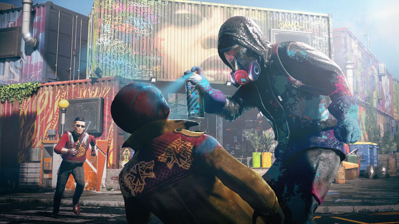 Watch Dogs Legion trofei: un attivista con maschera spruzza vernice su un nemico