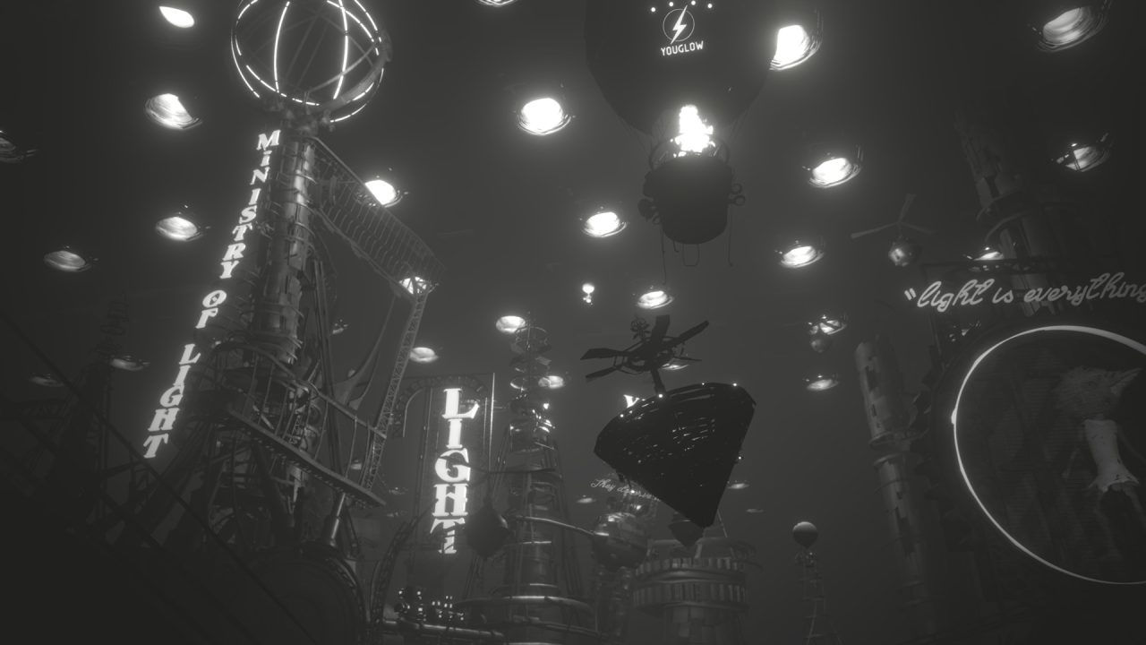 Platino di White Shadows: una torre di luci in una città distopica