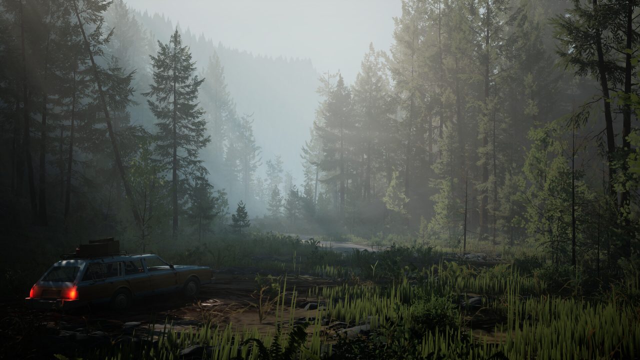 L'auto di Pacific Drive nella foresta, gioco in uscita da Xbox Game Pass