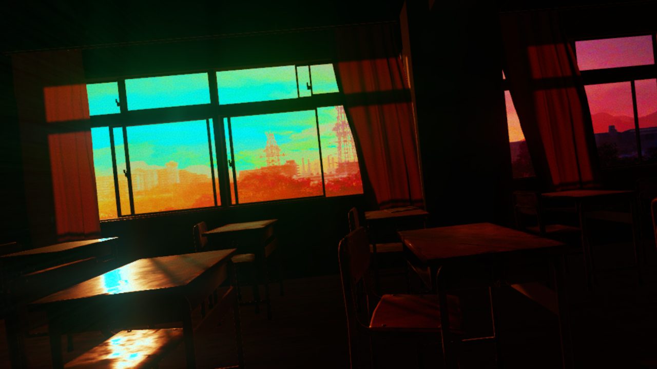 Yuoni trofei: le finestre di un'aula con luci verde e rosa